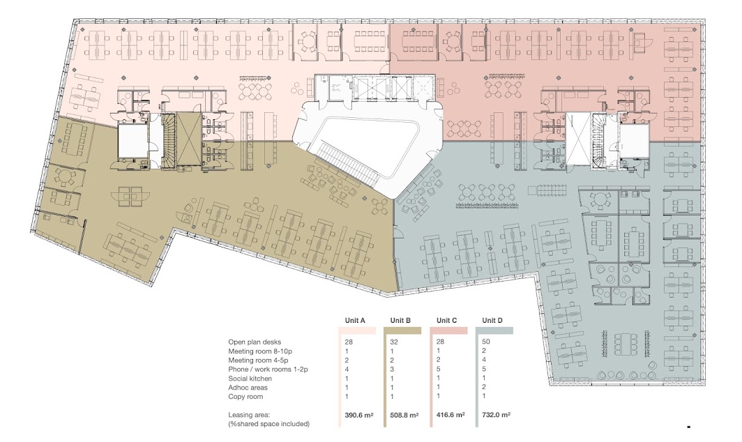 An example office property marketing layout plan with colourful leasing areas and space measurements