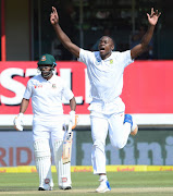 Kagiso Rabada of the Proteas celebrates the wicket of Soumya Sarkar of Bangladesh during day 2 of the 2nd Sunfoil Test match between South Africa and Bangladesh at Mangaung Oval on October 07, 2017 in Bloemfontein.