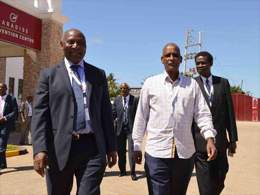 Auditor general Dr Edward Ouko and mining PS Dr Ibrahim Mohamed at pride inn paradise hotel in Mombasa during the 3rd INTOSAI working group on audit of extractive industries annual meeting on August 24,2016 . Photo / JOHN CHESOLI