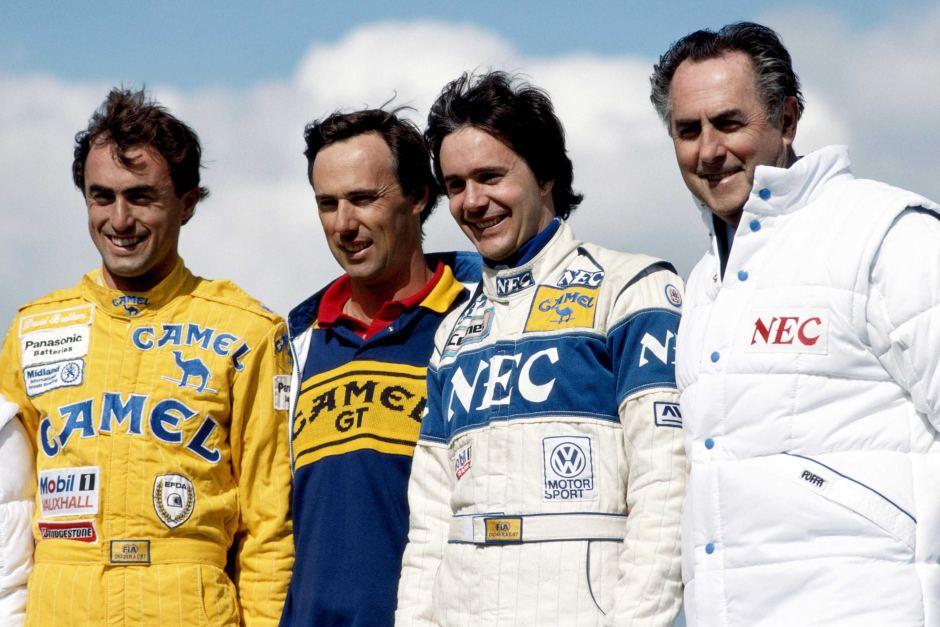 C:\Users\Valerio\Desktop\Sir Jack Brabham, far right, with sons LtoR David, Geoff and Gary at the Silverstone Circuit in Great Britain, May, 1988..jpg