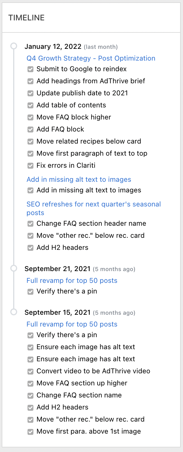 Screenshot of the timeline feature on the post details page in Clariti