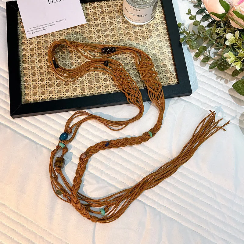 Cinto fino de cintura com corrente de cintura de corda de cânhamo boêmia Acessório de moda para vestidos e saias Leve e estiloso