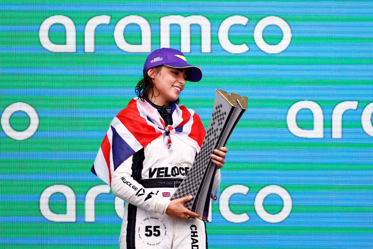 Race winner Jamie Chadwick celebrates winning the 2021 W Series Championship at the Circuit of The Americas on October 24 2021 in Austin, Texas.