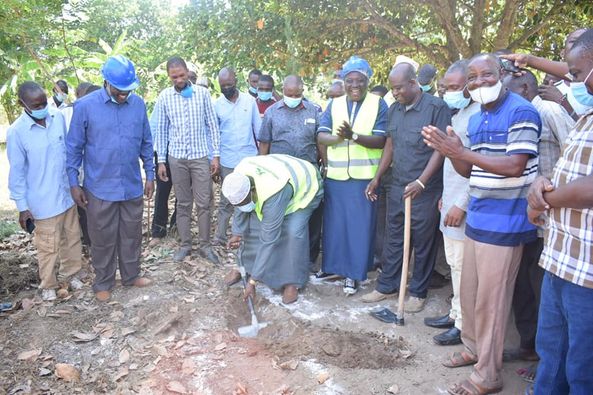 Governor Salim Mvurya leads in the ground breaking of Sabrina Vocational Training Centre workshop building in Matuga on Friday, February 19, 2021.