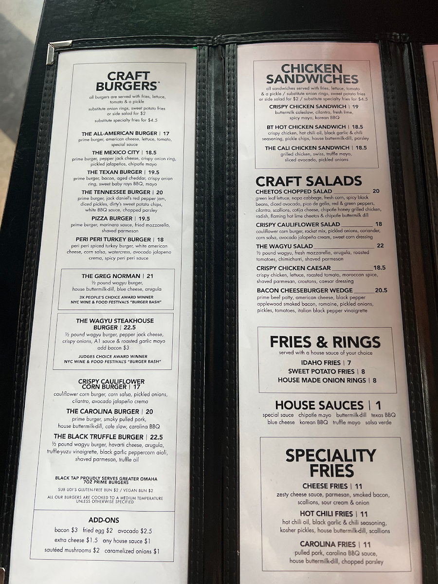 Black Tap Craft Burgers & Beer gluten-free menu