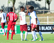 EC Bees celebrate team goal during the Nedbank Cup Last 32 match against Mariveni United at Old Peter Mokaba Stadium on February 11, 2018 in Polokwane, South Africa. 