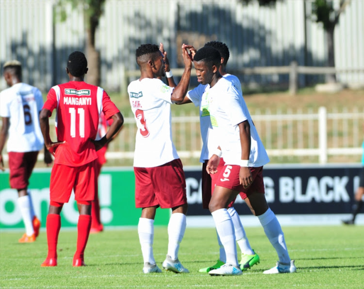 EC Bees celebrate team goal during the Nedbank Cup Last 32 match against Mariveni United at Old Peter Mokaba Stadium on February 11, 2018 in Polokwane, South Africa.