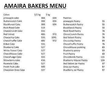 Amaira Bakers menu 