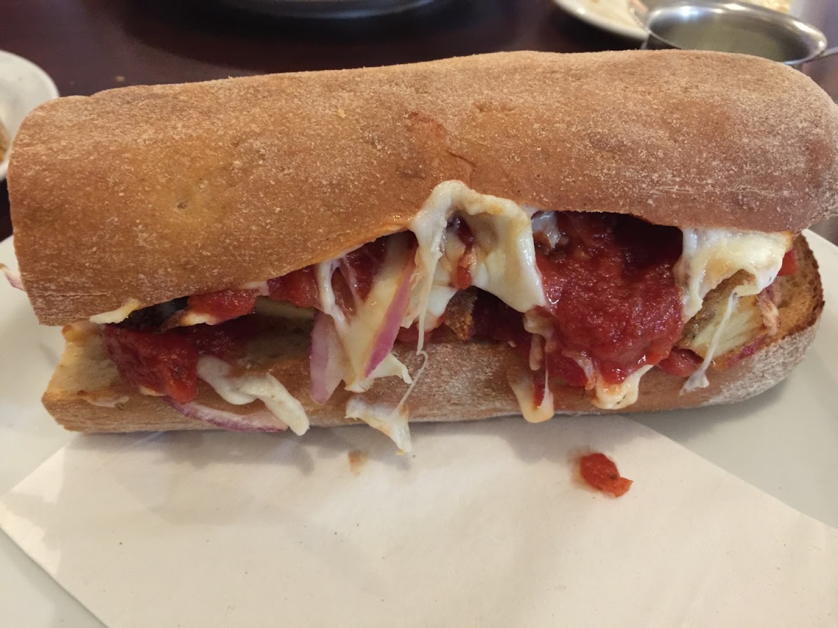 Chicken Parmesan sandwich on a Gluten Free French bread roll. So good!