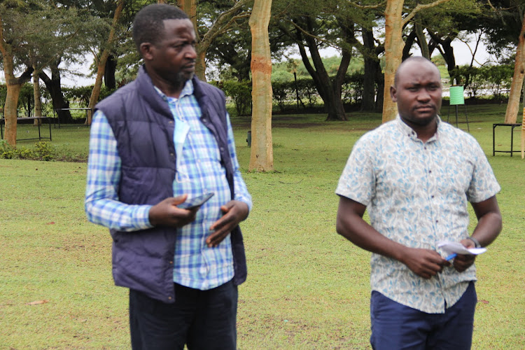 Homa Bay Kenya National Union of Nurses chairman Amos Ogaga and secretary Emmadic Okeyo in Homa Bay town on August 2, 2022