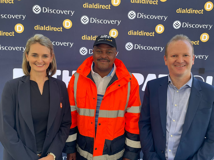 Dialdirect's Anneli Retief, left, City of Joburg Executive Mayor, Mpho Moerane, centre, and Discovery Insure's Anton Ossip, right.