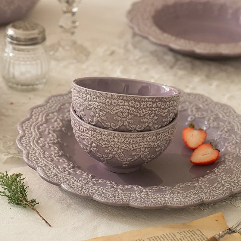 Frans paars kant keramiek servies, hartvormige kom en beker voor meisjes, elegant en ideaal voor dagelijks gebruik en geschenken.