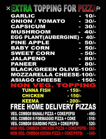 Italian Pizza Hut menu 