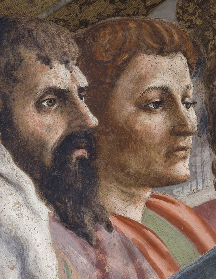 Masaccio, Il Pagamento del Tributo, Volto di due apostoli, affresco nella Cappella Brancacci, Santa Maria del Carmine, Firenze