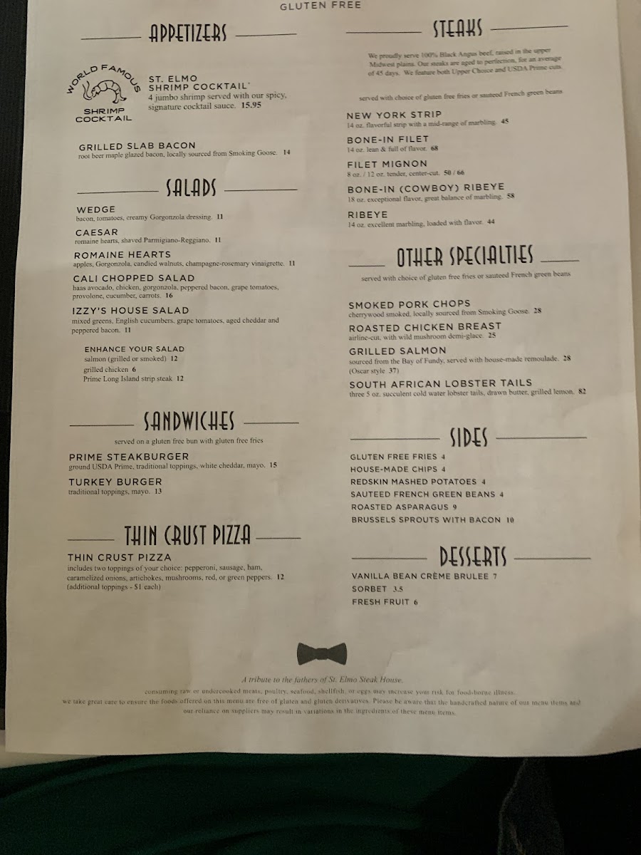 Gluten free menu