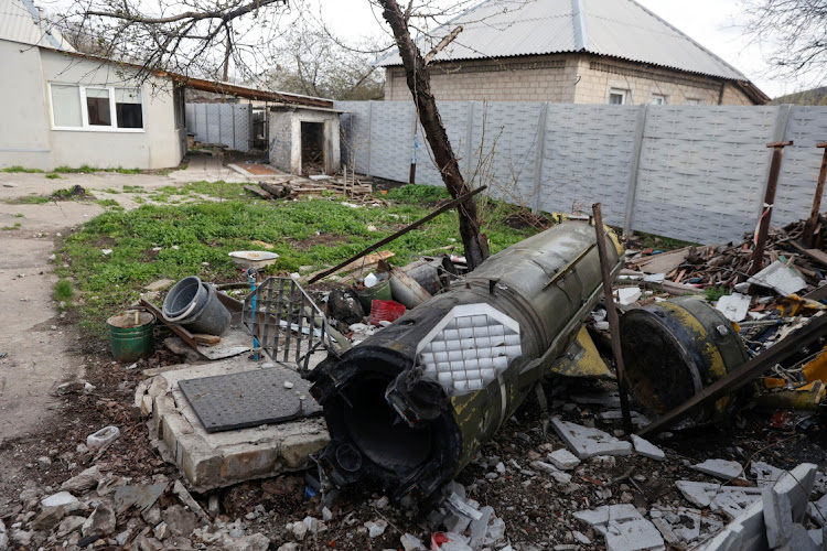 Remains of a missile are seen on a yard of a residential house, as Russia's attack on Ukraine continues, in Lysychansk, Luhansk region, Ukraine April 16, 2022.