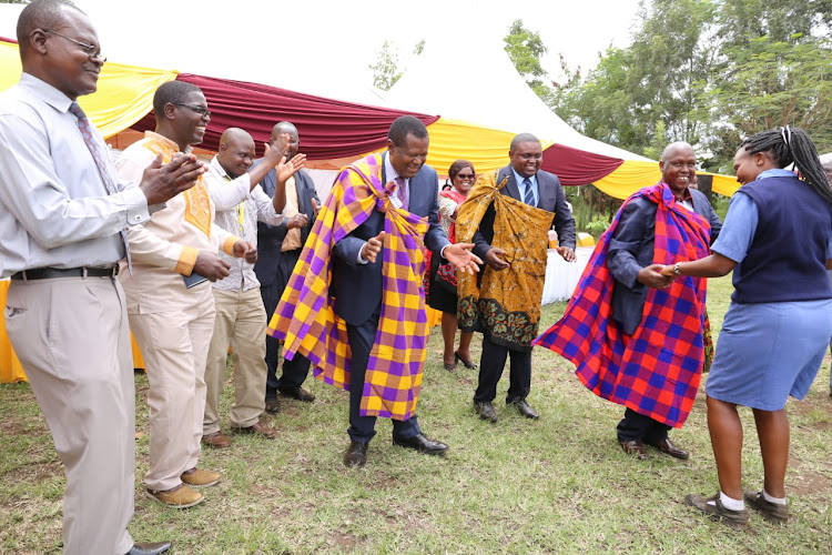 Kenya Medical Training College Board chairman Philip Kaloki and CEO Michael Kiptoo at Lake Victoria Campus in Kisumu on Thursday