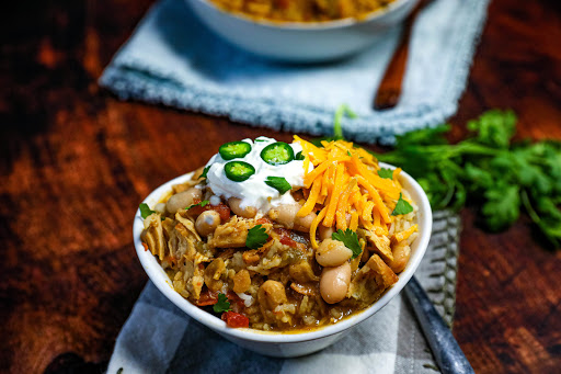 Slow Cooked White Chicken Chili in a bowl.