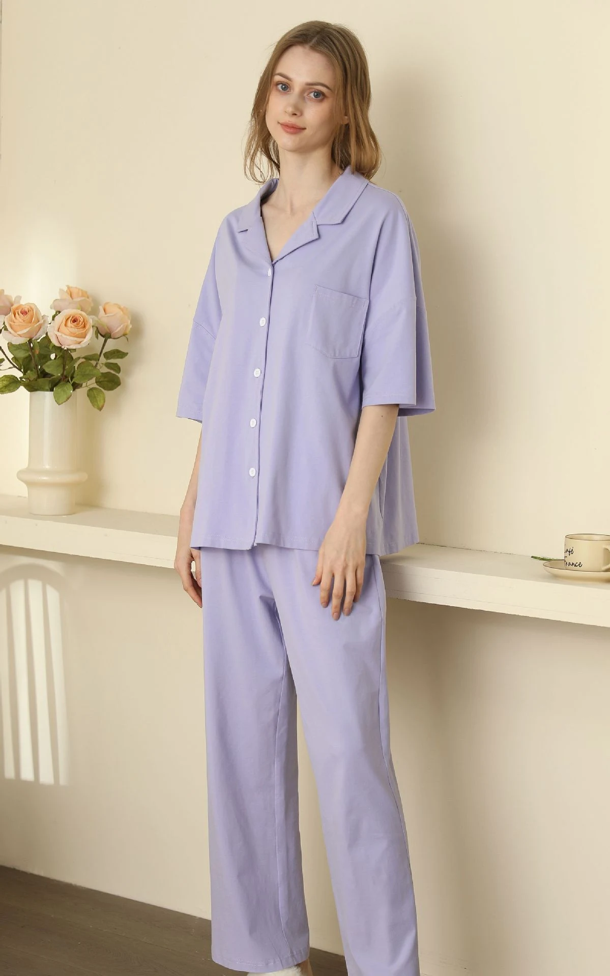 Title 10, Pyjama femme manches courtes couleur unie coton...