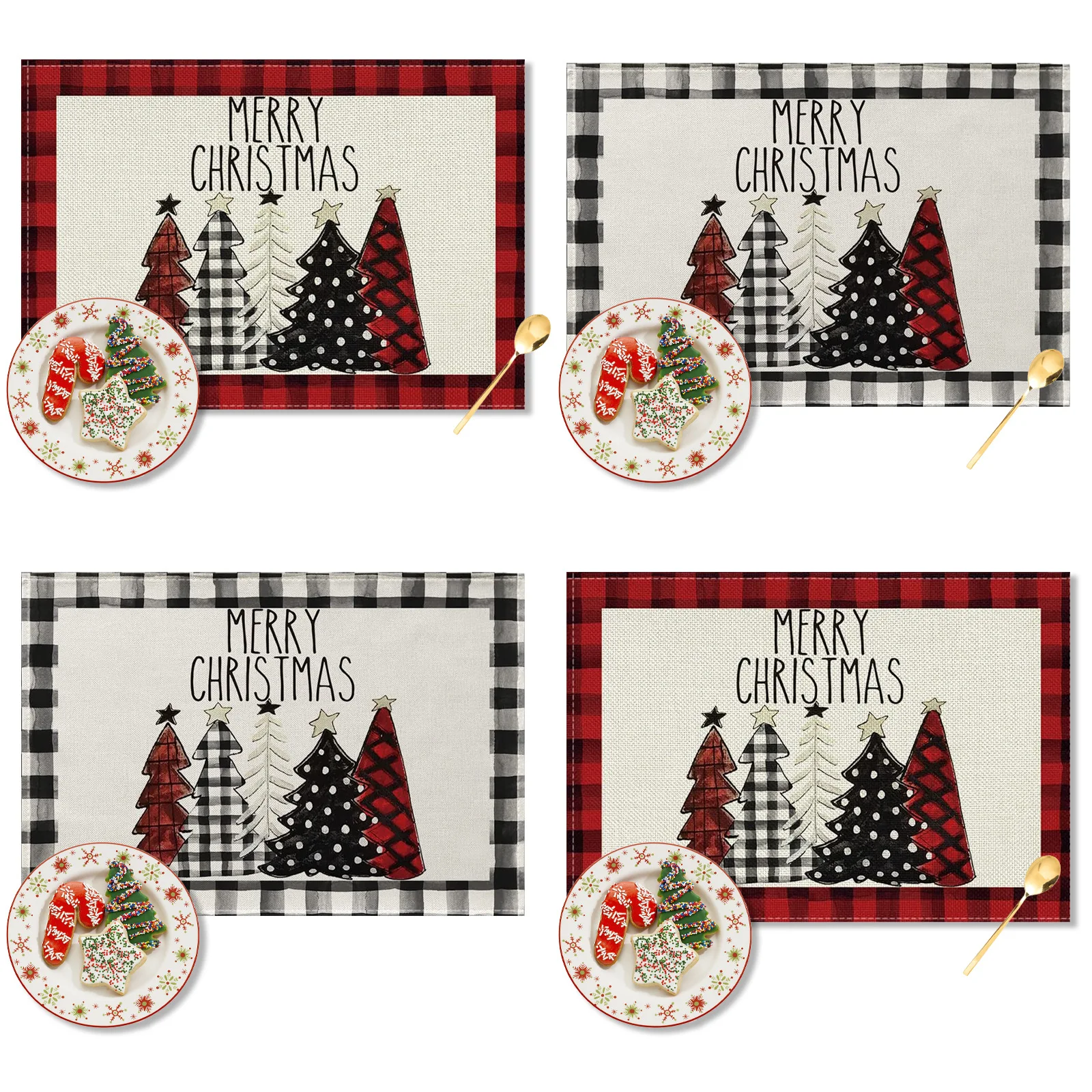 Title 9, Cartoon Linen Plaid Placemat for Christmas Scen...