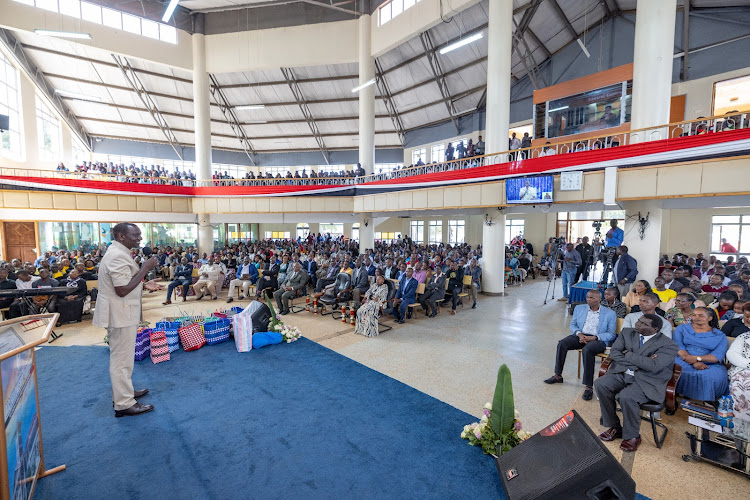 President William Ruto addressing to congregation during a service at AIC Fellowship Eldoret in Uasin Gishu on April 7, 2024.