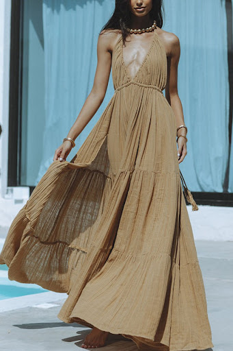 Title 4, V-neck Lace-up Pure Color Split Vacation Dress ...