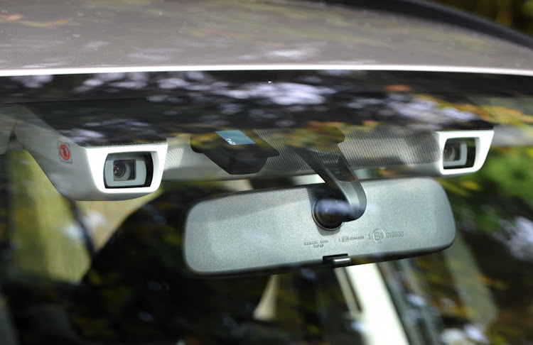 A close-up of the Subaru EyeSight assisted driving system.