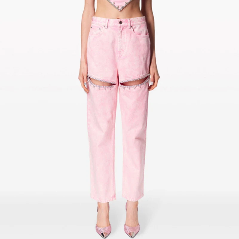 Diamond Beaded Design Straight Mid-waist Long Hollow Jeans offer a stylish and comfortable fit, perfect for a chic, mode
