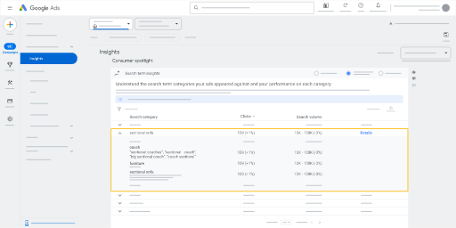 The "Search term insights" card under the "Insights" section in Google Ads, highlighting a term in under "search category".