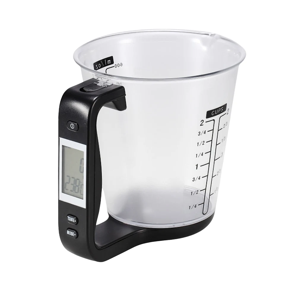 Bilancia da cucina con display LCD, digitale, misurino elettronico Hostweigh, misurazione temperatura e peso, misurazione in tazze.