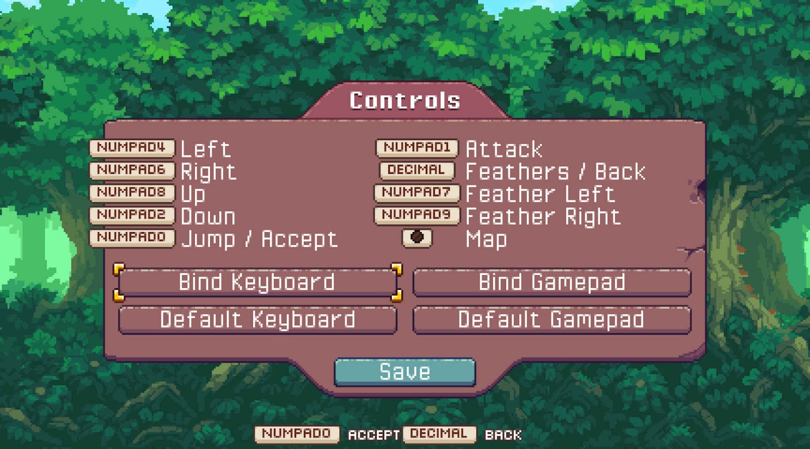 The controls screen with options to rebind all the keys.