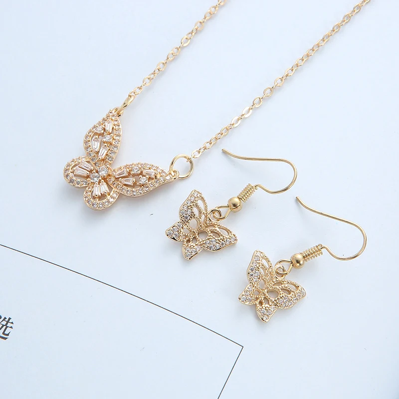 European and American entry lux copper jewelry micro inlaid zircon butterfly earrings and necklace, dress accessories.