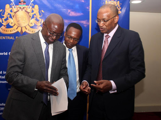 KBA chairman Lamin Manjang, vice chairman John Gachora with CBK governor Patrick Njoroge during the bankers’ press conference in Nairobi on August 10 /ENOS TECHE