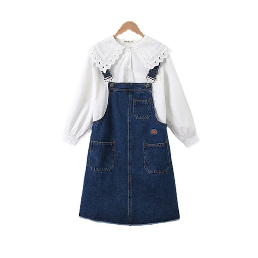 Title 4, Girls Lace Collar White Shirt Denim Suspenders ...