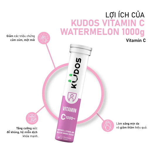 Viên sủi vitamin C KUDOS VITAMIN C WATERMELON 1000 mg giúp tăng đề kháng, sáng da, hương Dưa hấu mới lạ (20 viên/ tuýp).