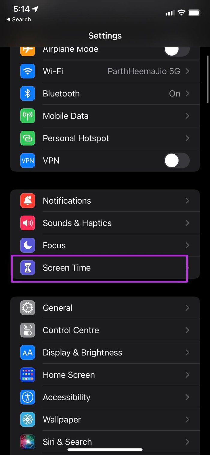 Open screen time menu