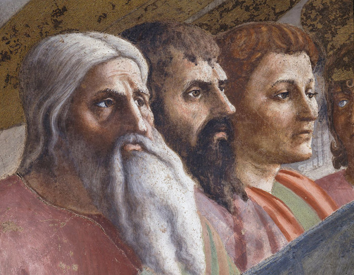 Masaccio, Il Pagamento del Tributo, particolare alcuni apostoli di Ges, affresco nella Cappella Brancacci, Santa Maria del Carmine, Firenze