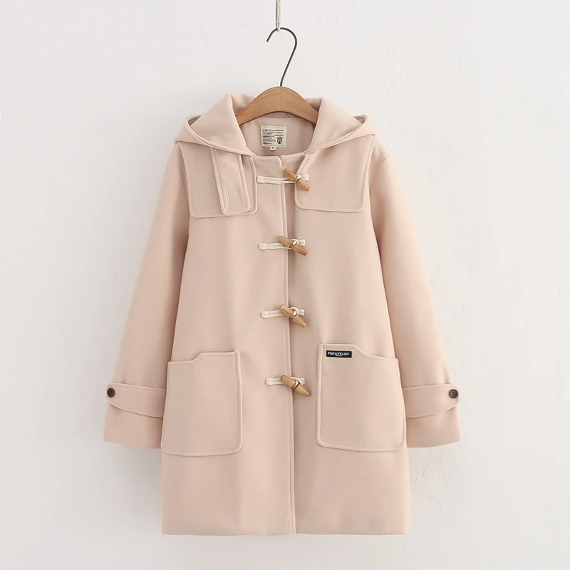 Casaco de lã com capuz e botões de chifre retro, ideal para o inverno. Quente, estiloso e perfeito para um look vintage charmoso e confortável.