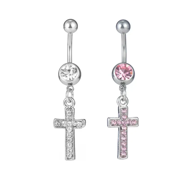 RVS navel piercing met kruis en diamant. Lichaamssieraden voor dames, modieus en duurzaam, met navelgesp voor een elegante look.