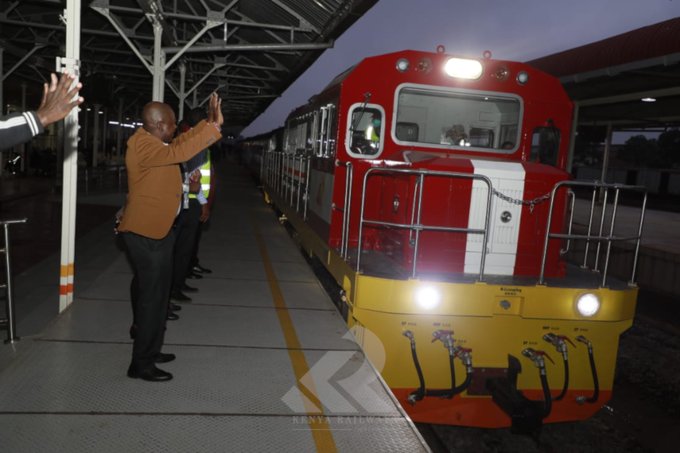 Kenya Railways managing director Philip Mainga during the departure of a train from Nairobi to Kisumu on Friday.