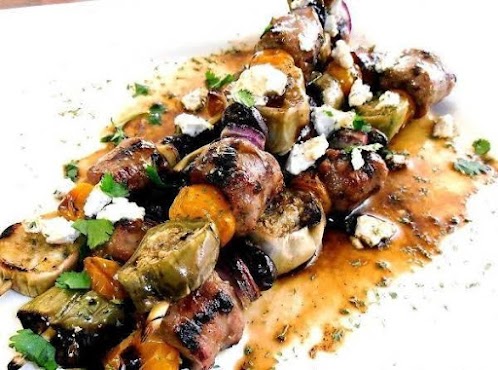 Greek Chicken & Pork Brat Kabobs