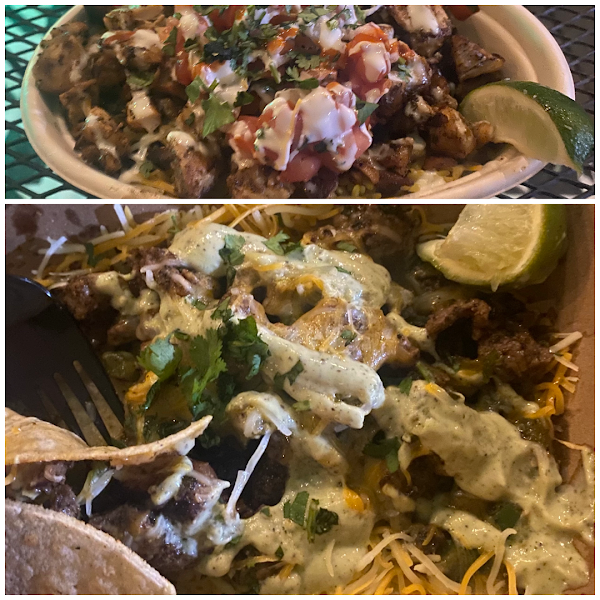 Burrito bowl; carne asada tacos on corn tortillas