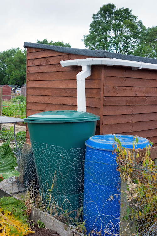 Water barrels attached to garden shed