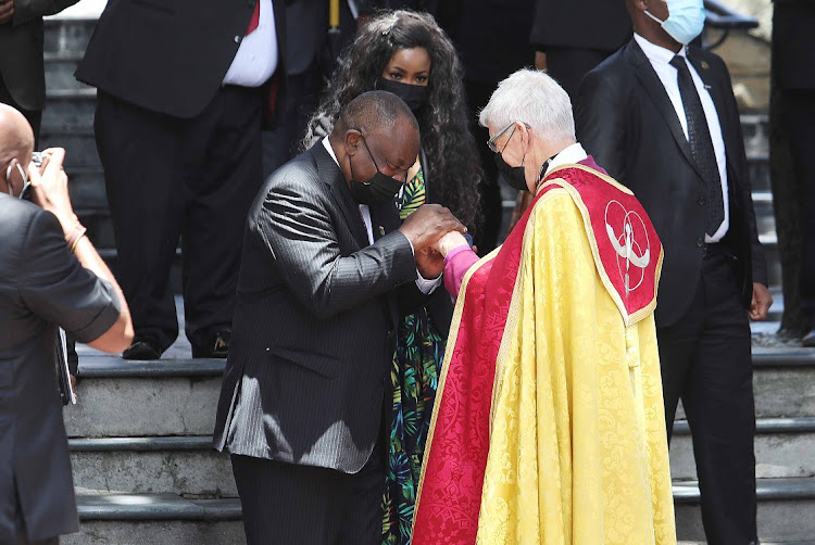 President Cyril Ramaphosa with retired Bishop of Natal Rev Michael Nuttall after the official state funeral service of the late Archbishop Emeritus Desmond Tutu at St George's Cathedral in Cape Town.