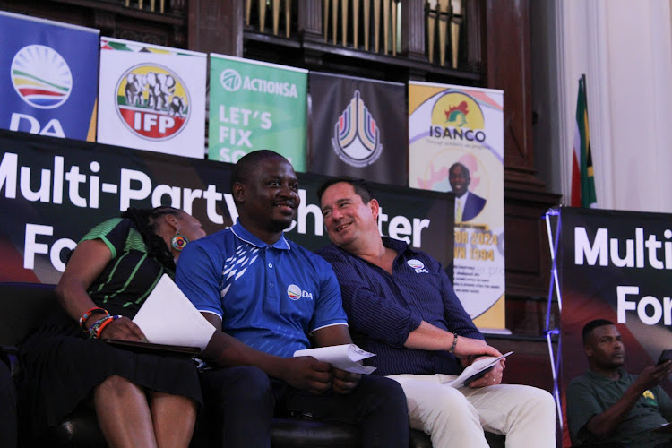 Multi-party charterists, from left to right, are Action SA spokesperson Lerato Ngobeni, DA youth leader Nicholas Nyathi and DA leader John Steenhuisen. They say the ANC has failed South Africans.