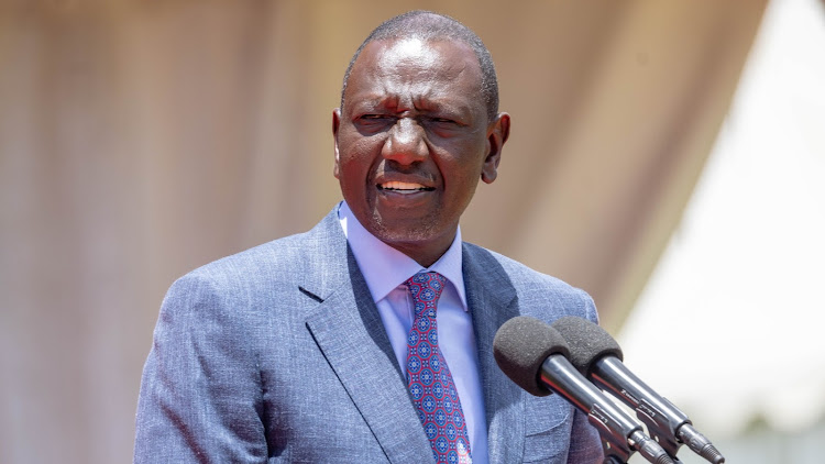 President William Ruto makes his remarks during the International Women's Day celebration at Moi Stadium in Embu on March 8, 2024.