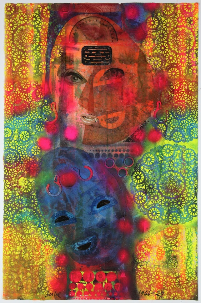 An acrylic painting with found objects collaged on that shows a woman's face floating above a masked face. The background is a collage of snowflake like cuttings in red and oranges fading to greens and blues and yellow.