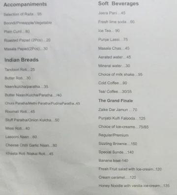 Hotel Bagga International menu 