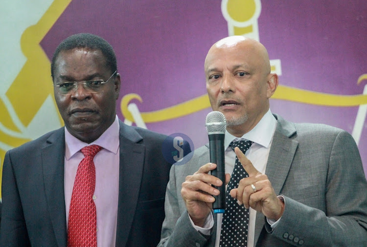 Ethics and Anti- Corruption Commission Chairperson David Oginde with CEO Twalib Mbarak during the launch of the annual report on activities and financial statements for the year 2022/2023 in Nairobi on May 14,2024