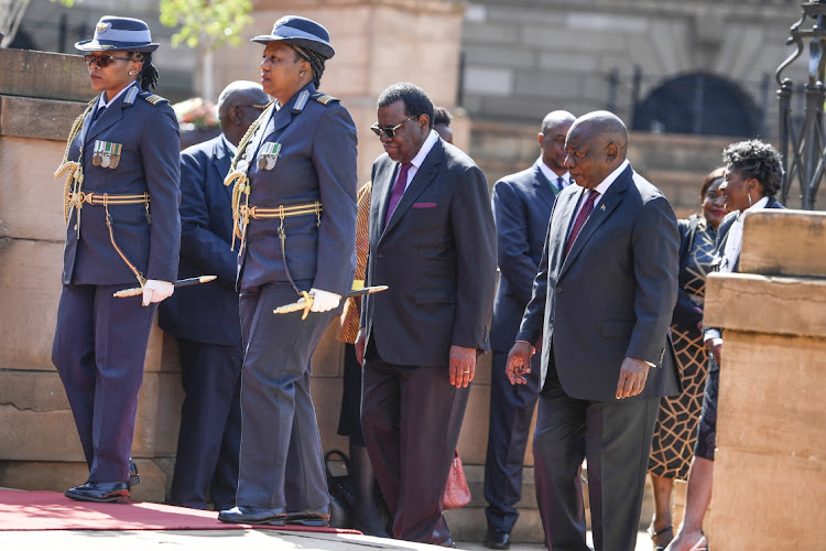 Namibian president Hage Geingob and President Cyril Ramaphosa during a state visit at the Union Buildings in Pretoria on April 20 2023.